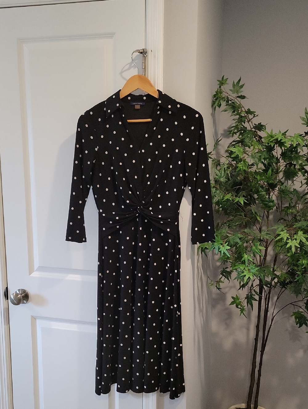 Tommy Hilfiger Black Polka Dot Twist-Front Midi Dress,size S